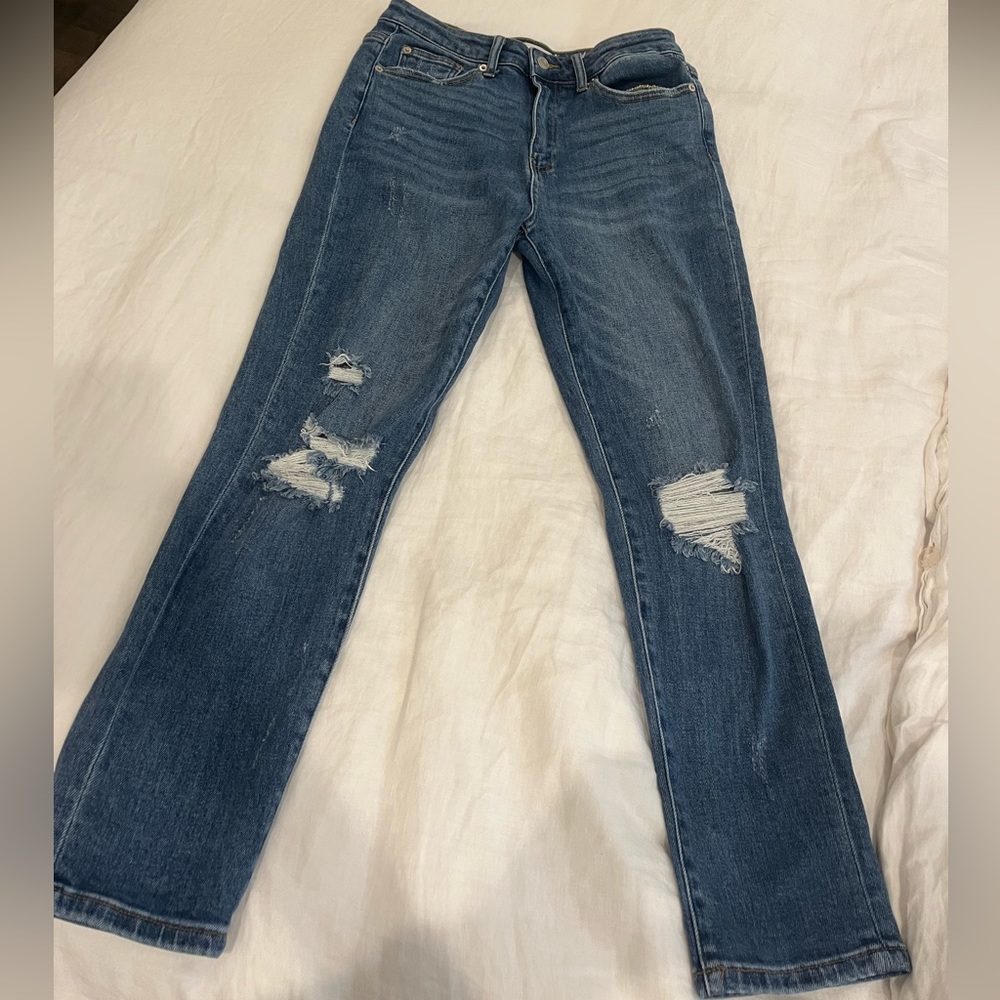 High Rise Distressed Straight Jean